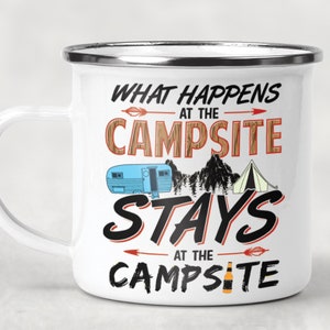Camping Gift What happens at the Campsite Stay Enamel Camper Gift Coffee Mug, Happy Camper Enamel Camping Mug, 12oz Stainless Steel Camp Mug