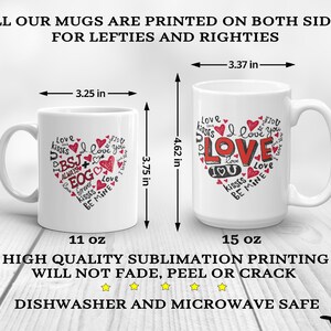 Pode incluir: Duas canecas de cer&acirc;mica branca com um design de cora&ccedil;&atilde;o que inclui as palavras "Love", "I love you", "kisses", "be mine" e "always" em vermelho e preto. As canecas s&atilde;o de 11 oz e 15 oz, e s&atilde;o lav&aacute;veis na lava-lou&ccedil;as e no microondas.