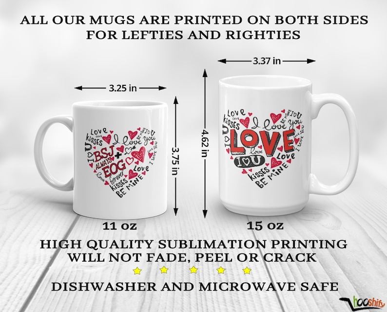Pode incluir: Duas canecas de cer&acirc;mica branca com um design de cora&ccedil;&atilde;o que inclui as palavras "Love", "I love you", "kisses", "be mine" e "always" em vermelho e preto. As canecas s&atilde;o de 11 oz e 15 oz, e s&atilde;o lav&aacute;veis na lava-lou&ccedil;as e no microondas.