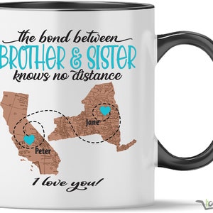 Personalized Long Distance Brother Sister Coffee Mug, State To State Mug, Sibling Day Missing You Gifts, Birthday Gift for Sister Birthday