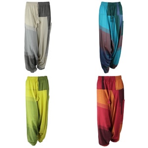May include: Four pairs of colorful patterned pants with a loose, baggy fit. The pants are made of a soft, comfortable fabric and have a drawstring waist.