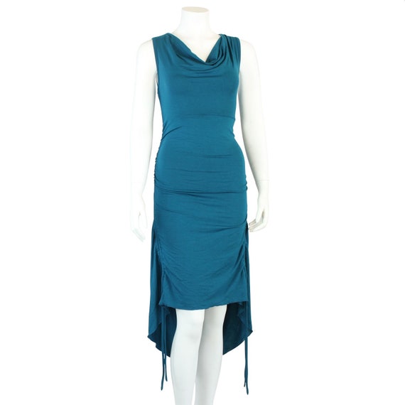 Dress with ruching - petrol - waterfall collar - summer Dress - jersey