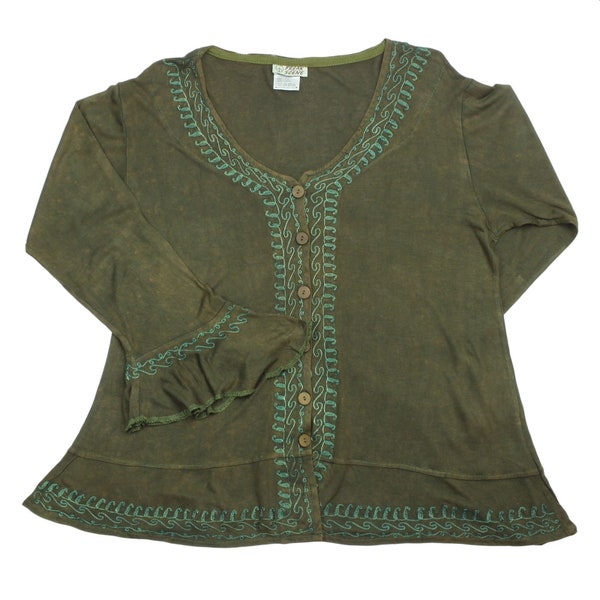 Women's blouse - top - embroidery - 3/4 sleeves - boho - olive