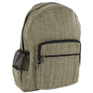 May include: A black and beige herringbone patterned backpack with a zippered pocket on the front and a mesh side pocket.