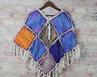 Patchwork poncho with fringes - one size - model 02