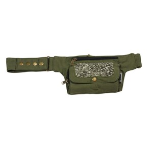 May include: Olive green fanny pack with multiple zippered compartments and a snap-closure pocket. The front pocket features a snakeskin-patterned panel. The adjustable belt has brass-colored rivets and a buckle closure. A practical and stylish accessory.