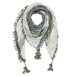 High-quality scarf in Pali style, natural/olive green, pattern 1