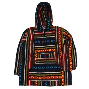 May include: A black hooded sweater with a colorful striped pattern. The sweater has a large pocket on the front and a toggle closure at the neck.