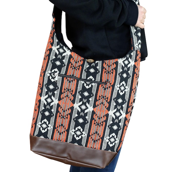 Woven shoulder bag - ethnic shopper - orange diamond pattern