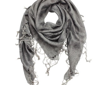 Foulard en soie à franges - 100 x 100 cm - gris foncé - foulard en soie