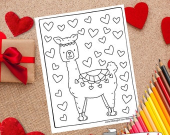 Llama Valentine's Day Coloring Page | Hand drawn printable page