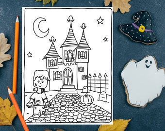 Puede incluir: Una página para colorear en blanco y negro que presenta una escena espeluznante de Halloween con una casa encantada, un monstruo de Frankenstein, una calabaza y una valla. La página está rodeada de hojas de otoño y galletas con temática de Halloween.