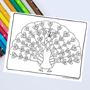 Peacock Valentine&#39;s Day Coloring Page for Kids and Adults | Hand drawn Printable Coloring Page |  Homeschool Coloring Sheet
