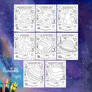 Puede incluir: Páginas para colorear imprimibles que presentan los planetas de nuestro sistema solar: Mercurio, Venus, Tierra, Marte, Júpiter, Saturno, Urano y Neptuno. Cada página incluye una ilustración en blanco y negro del planeta, junto con datos divertidos sobre su tamaño, distancia del sol y duración de un día.