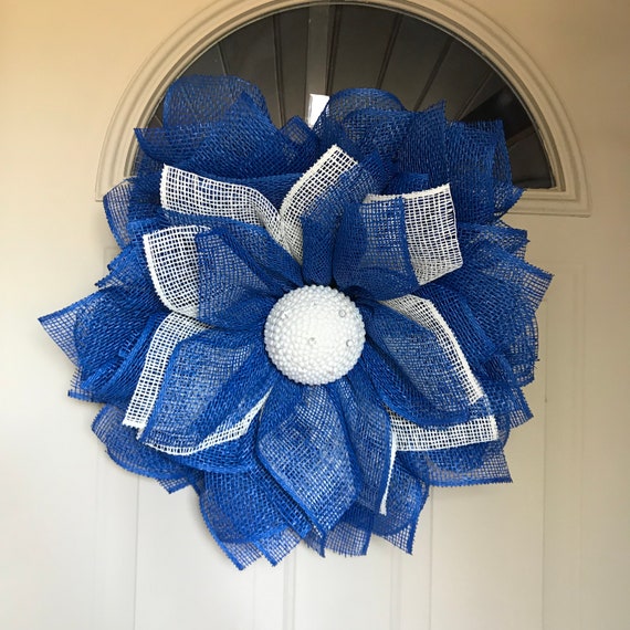 Poly Burlap Door Wreath Burlap Wreath Poly Burlap Wall Decor Poly Burlap Royal Blue Wall Art Blue Burlap Porch Wreath Blue Door Hanger