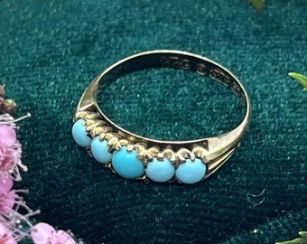 Antique Victorian 9CT 375 Rose Gold Five-stone Ring with cabochon Turquoise, Birmingham 1893, size M