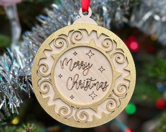 Merry Christmas 3D Ornament | Birch and Color | Laser Cut and Engraved | Personalized