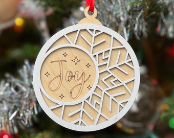 Joy 3D Ornament | Birch and Color | Laser Cut and Engraved | Personalized