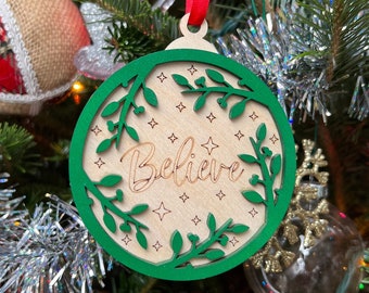 Believe 3D Ornament | Birch and Color | Laser Cut and Engraved | Personalized