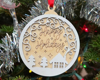 Happy Holidays 3D Ornament | Birch and Color | Laser Cut and Engraved | Personalized