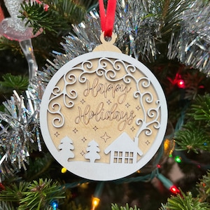 Happy Holidays 3D Ornament | Birch and Color | Laser Cut and Engraved | Personalized