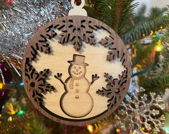 Snowman Wooden 3D Ornament | Walnut and Birch | Laser Cut and Engraved