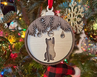 Katze Holz 3D Ornament | Nussbaum und Birke | Laser geschnitten und graviert | Personalisiert