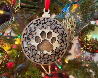 Paw Print Wooden 3D Ornament | Walnut and Birch | Laser Cut and Engraved | Personalized