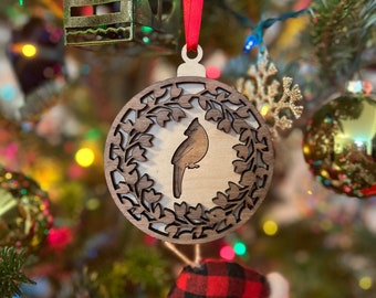 Cardinal Wooden 3D Ornament | Walnut and Birch | Laser Cut and Engraved | Personalized