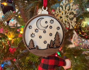 Starry Trees Wooden 3D Ornament | Walnut and Birch | Laser Cut and Engraved | Personalized