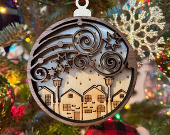 Snowy Town Wooden 3D Ornament | Walnut and Birch | Laser Cut and Engraved | Personalized