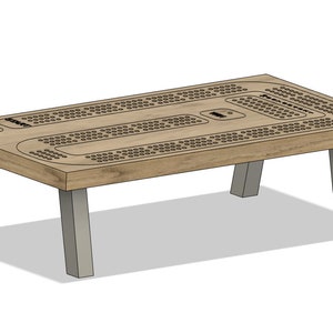 May include: A wooden game table with a cribbage board surface and four grey legs. The cribbage board has a traditional design with holes for pegs and a scoring area.