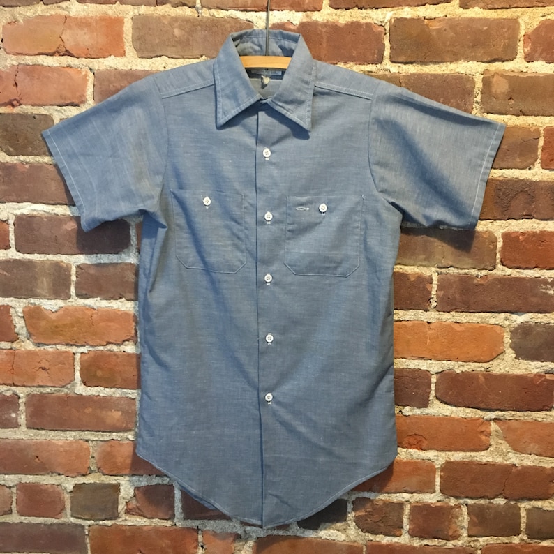 size Small Made in USA Vintage 70s Chambray Button Up Short Sleeve by King Kole Medium