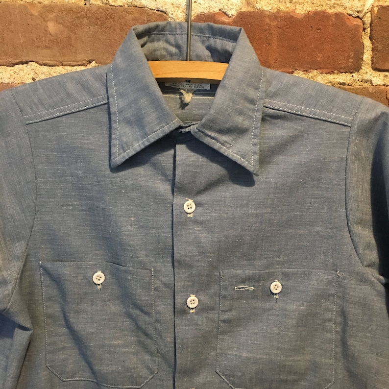 size Small Made in USA Vintage 70s Chambray Button Up Short Sleeve by King Kole Medium