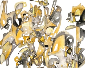 Gold & Black Abstract Watercolor Painting - 15 x 11 Artist Grade Paper