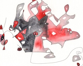 Original Watercolor Painting – Red and Black Abstract Art, 12 x 9
