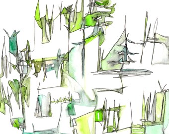 Abstract Watercolor Painting – Figurative Green Pines, Original Art (12x9)