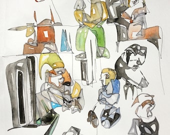 Abstract Figurative Watercolor Painting - Original Art, 9x12