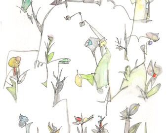 Winter Garden Watercolor Painting – Abstract Floral Art, 9x12