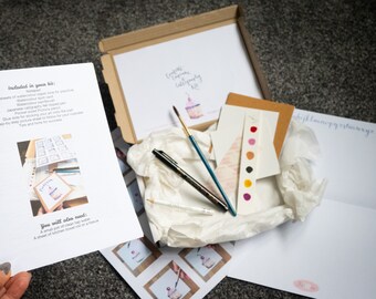 Watercolour and calligraphy kit - Mindful art - Beginners art - Confetti Cupcake & Calligraphy - Custom notepad - Art in a box - craft kit