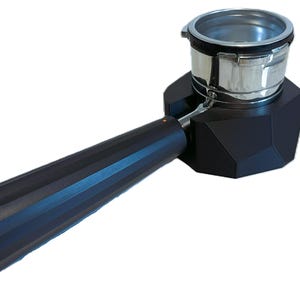May include: A black espresso machine portafilter with a stainless steel filter basket. The handle is black with blue accents. The portafilter is designed for making espresso.