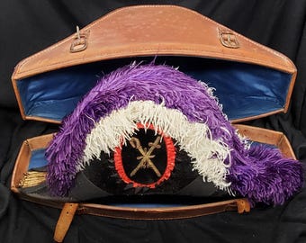 Antique Bicor Hat in its original leather case. Made in Worcester Mass by Fuller Regalia & Costume Co