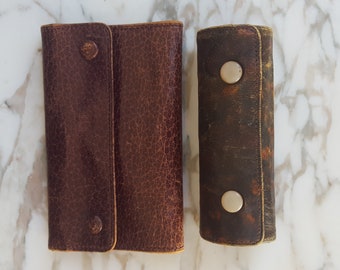 Vintage Three-fold Leather Sewing Kit, Snap Closures, Fabric Lining, Filled with Pins Etc, Listing Includes Free Antique As-Is Leather Case