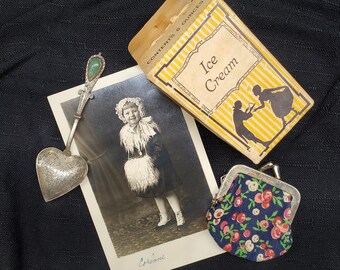 Story Bag of Small Antique & Vintage Items, RPPC Real Photo Postcard, Tiny Coin Purse, Ice Cream Container, and Souvenir Spoon