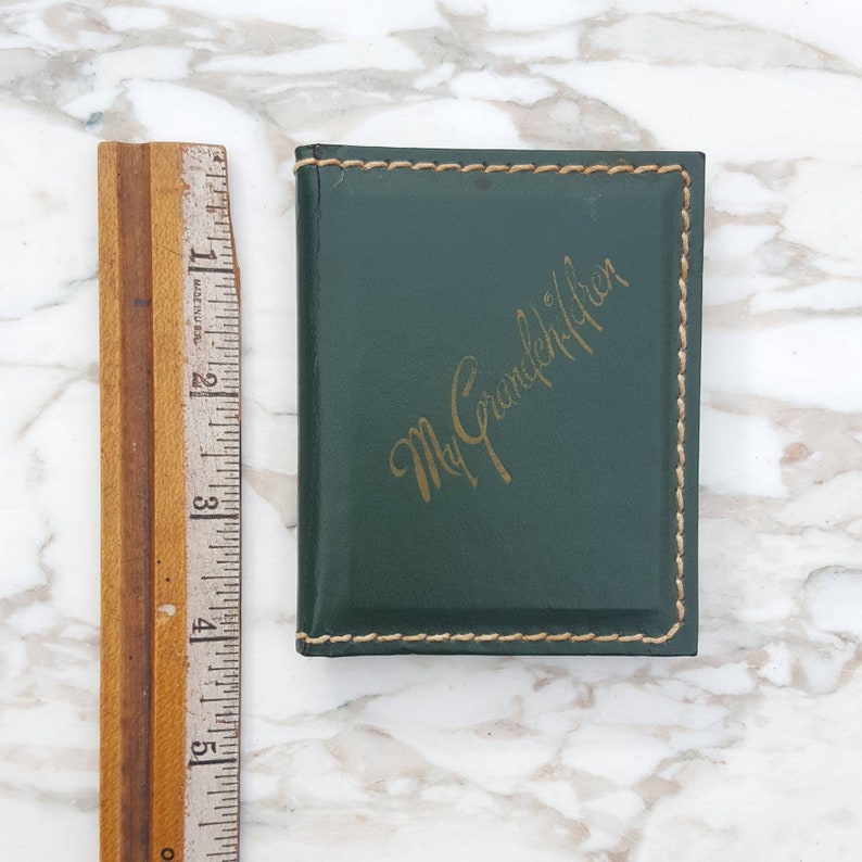 Paper Pages with Plastic Sleeves Green Leather Cover 3 Tall Small Vintage Photo Album My Grandchildren Grandparents Gift Satin Lined