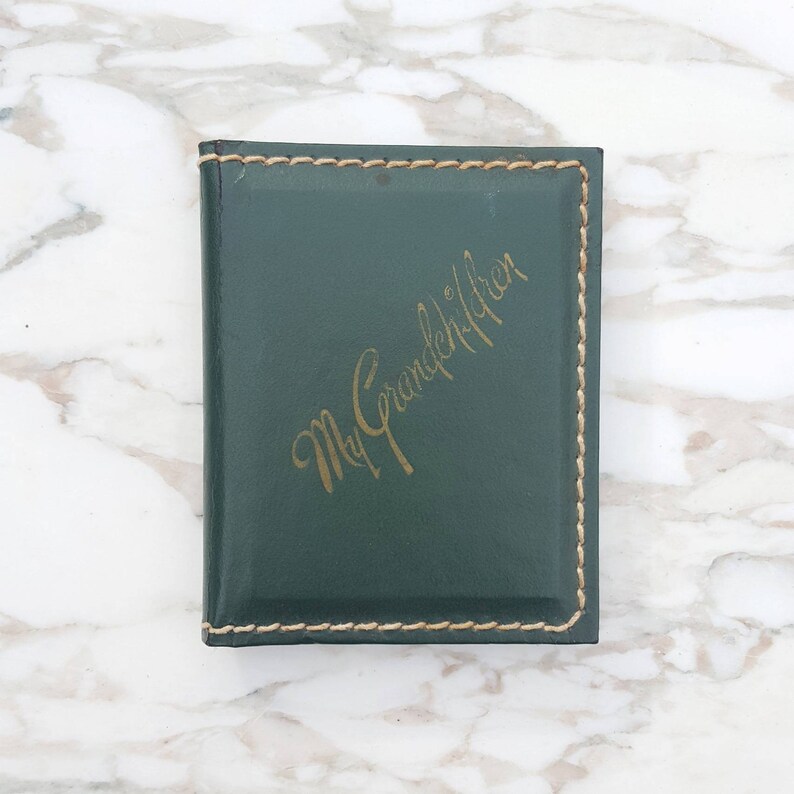 Paper Pages with Plastic Sleeves Green Leather Cover 3 Tall Small Vintage Photo Album My Grandchildren Grandparents Gift Satin Lined