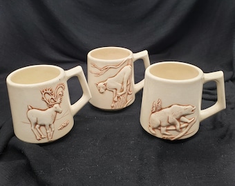 Vintage Wild Animal Mugs, Set of 3, Bear, Stag, Cougar