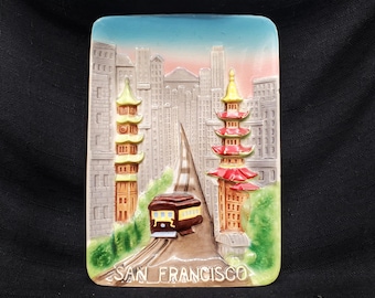 Vintage Ceramic 3D Wall Hanging of San Francisco with Cable Car in Chinatown, Vintage Souvenir