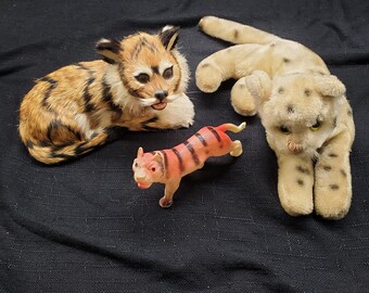 Three Vintage Cats, One is a Dream Pets by R.D.Akin. They are a variety of styles. Vintage Stuffed Animals, Vintage Plastic Tiger