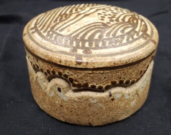 Vintage Hand Thrown Art Pottery Box, Light Blue Interior Glaze, Abstract Design, Carved Design Around Edge